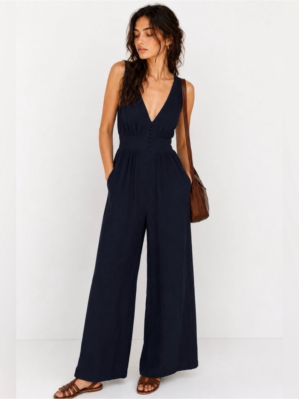 Madewell Navy V-Back Wide Leg Jumpsuit Size 0 Pockets Minimalist